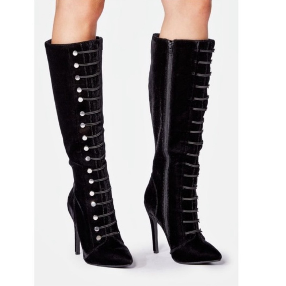 JustFab Black Velvet high heel boots
